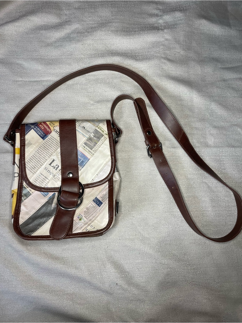 Brown Leather-Trim Newspaper-Print Messenger Crossbody